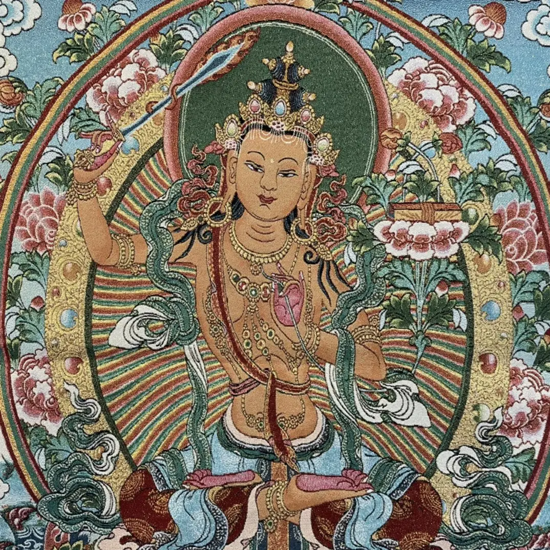35&quotThangka embroidery Tibetan Buddhism silk Embroidery Manjushri Bodhisattva Sitting Buddha Thangka hanging screen