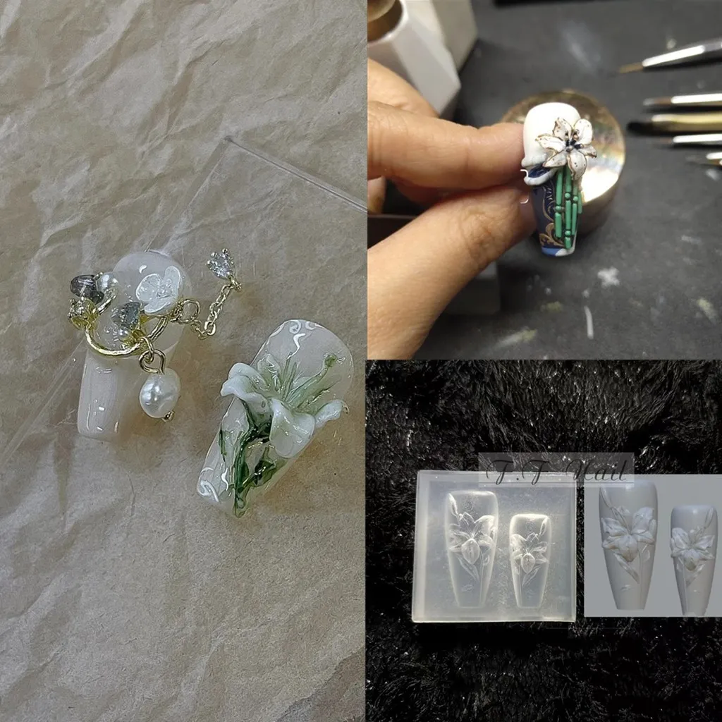 1pc Greenish Lily Flower 3D Acrylic Mold Nail Art Decorations Nails DIY Design Silicone Decorated Templates Nails  Mold