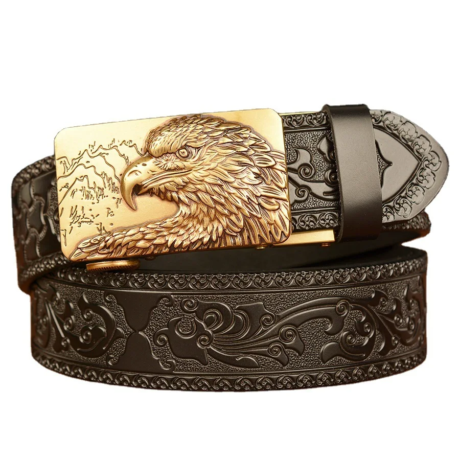 

New Luxury Brand Designer Domineering Eagle Head Automatic Buckle Belt Men's Cowhide Personalized Carved Belts Genuine Leather