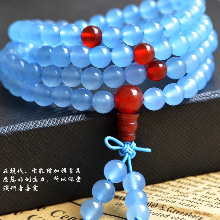 

Natural 6mm Blue Chalcedony Beaded Bracelet Tibetan Buddhist 108 Pcs Necklace Gourd Mala Prayer Jewelry For Meditation Drop Ship