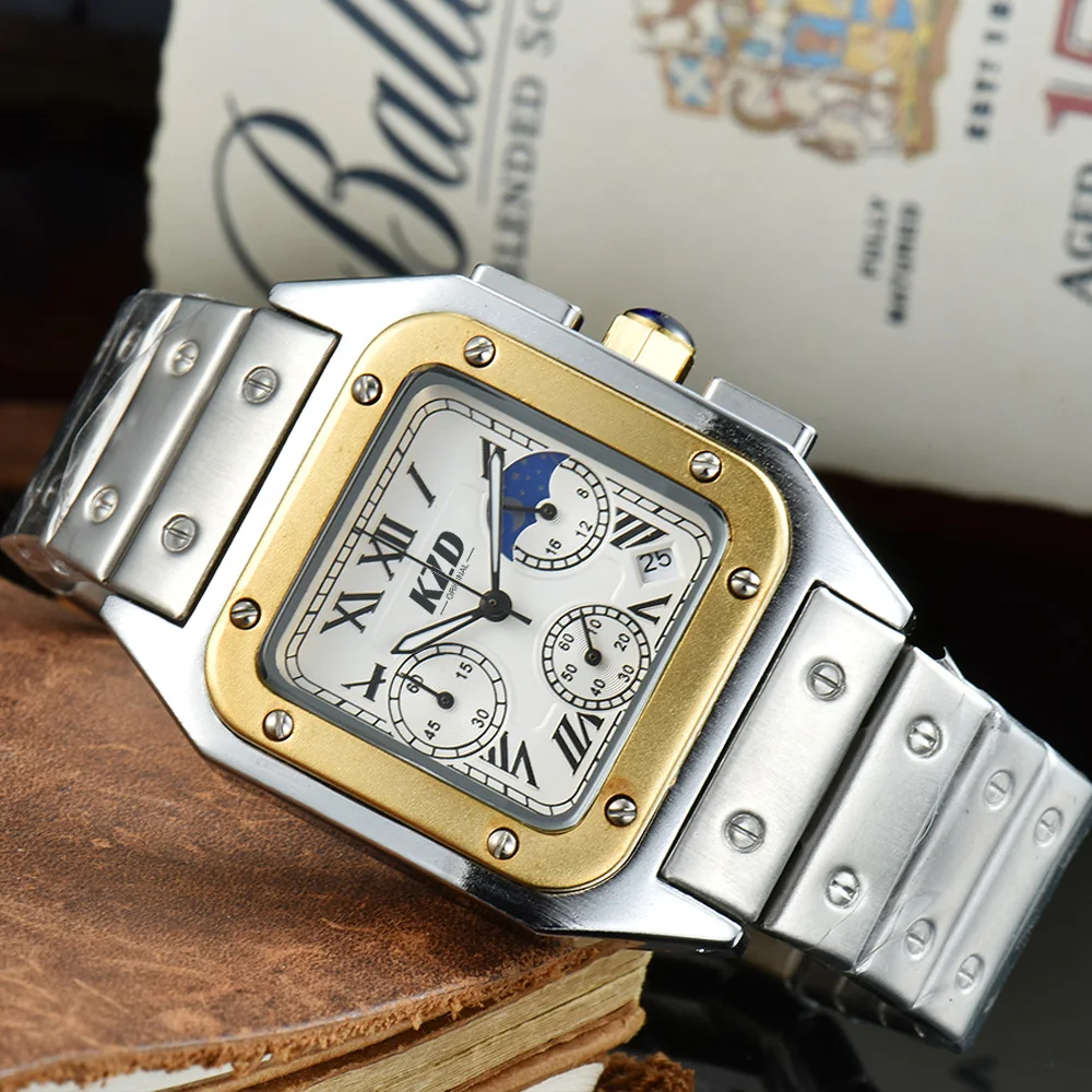 

Hot Men's Original Brand Quartz Watch Classic Square Gold Multifunction Sports Watch Automatic Date Moon Phase AAA Clock