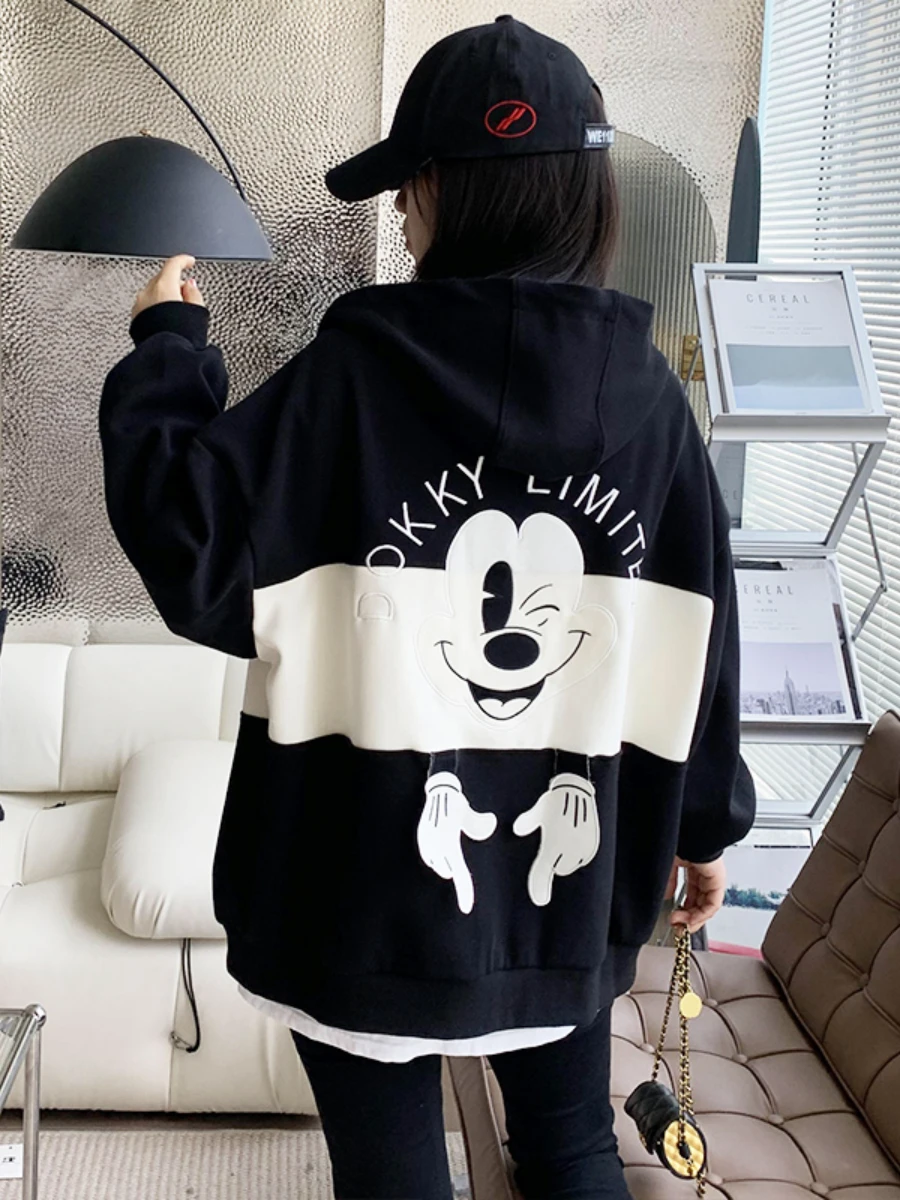 Mickey Sweatshirt Coat for Women 2022 Spring and Autumn New Loose Stitching Hooded Casual Jacket Female Fashion Baseball Uniform