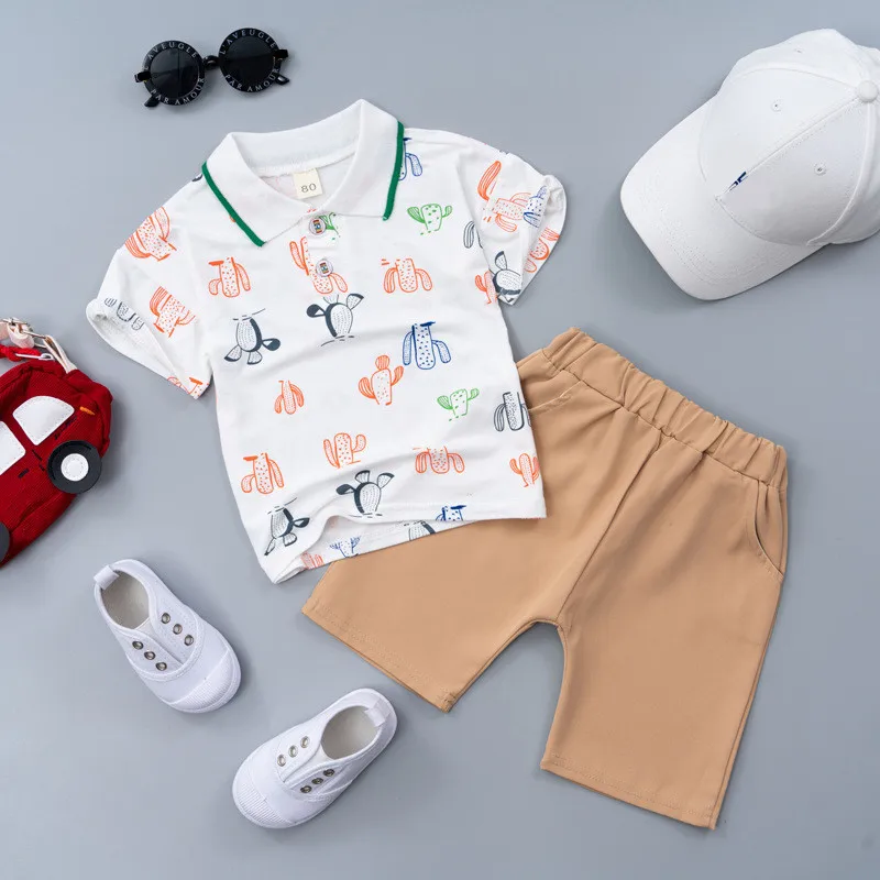 

2022 Summer Children Set Boy Print Lapel Short Sleeve T-Shirt + Kids Pants 2 Piece Baby Boy Clothing Suit 1-5 Years