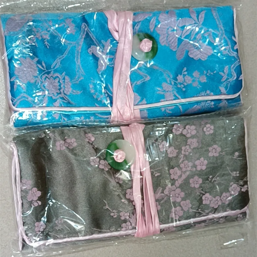 Luxury Portable Jade Silk Satin Flower Jewelry Roll Travel Pouch Cosmetic Makeup Storage Bag  3 Zipper Foldable Women Coin Purse