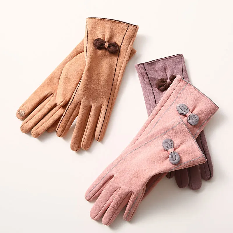 

Women Winter Suede Leather Touch Screen Riding Mitten Female Bow Thicken Driving Warm Full Finger Gloves Cycling Winter Outdoor