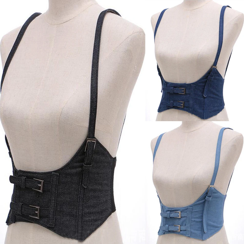 

Sexy Women Push Up Bust Solid Strap Harness Corset Belts Fmale Casual Denim Wide Belt Lady Suspender Fashion Accessories
