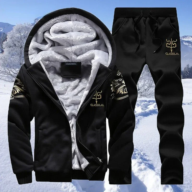 

2 Pieces Sets Tracksuit Men Winter Fleece Warm Hooded Sweatshirt +Drawstring Pants Male Thicken Ziper Hoodies Jogger Sports Suit