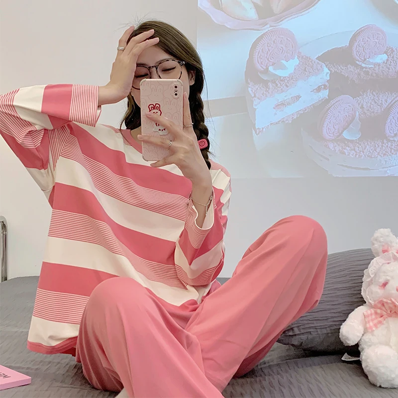 CAIYIER 2023 Soft Sleepwear Sweet Stripe Pajamas Set Long Sleeve Long Pants Kawaii Nightwear Winter Leisure Girl Pijamas mujur