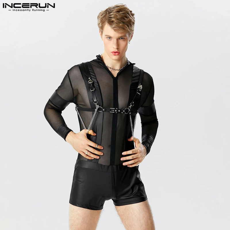 

Модные повседневные домашние комбинезоны в стиле INCERUN, мужские прозрачные сетчатые комбинезоны, тонкие комбинезоны с длинным рукавом, модель 2023 года