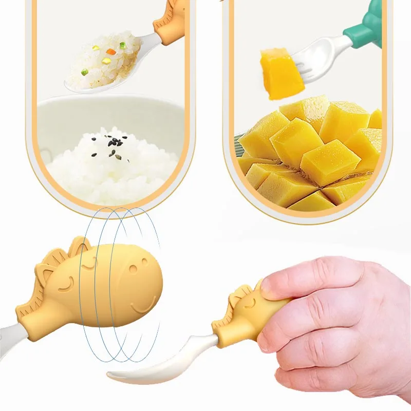 

2PCS Lovely Baby Learning Spoons Utensils Set Adorable Toddler Tableware Baby Silicone Teether Toys Feeding Scoop Training