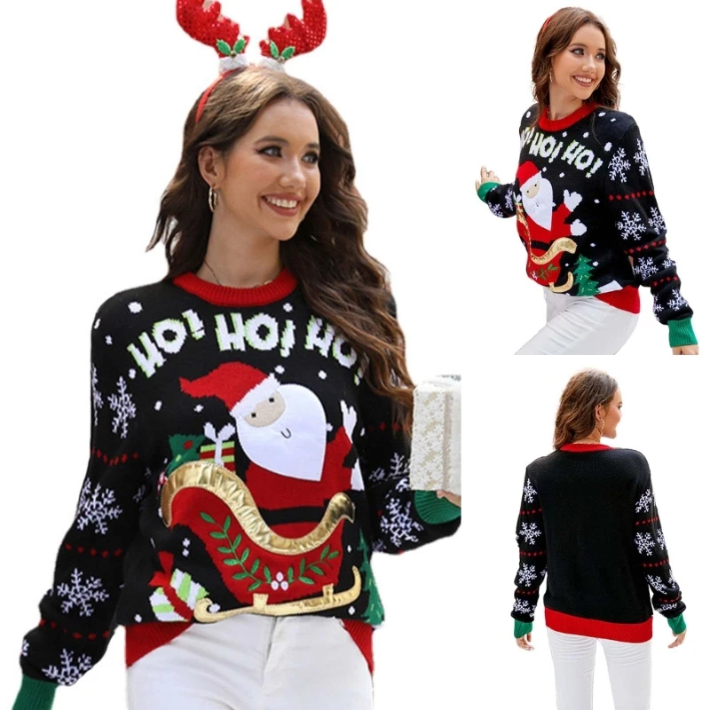 

Womens Christmas Snowflake Reindeer Knitted Sweater Long Sleeve Neck Pullover Knitwear Cartoon Print Tops Dropship