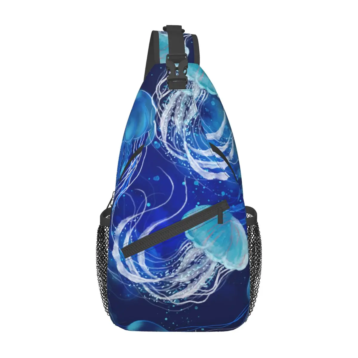 

Men's Sling Pack Chest Shoulder Crossbody Bag Women Blue Jellyfishes Swimming Underwater Biker Satchel Handbag Phone Bag