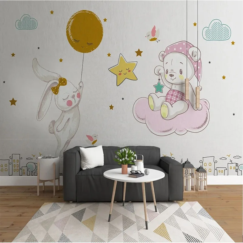 

Custom 3D Nordic Simple Hand-Painted Cartoon Fantasy Star Little White Rabbit Childre Papel De Parede Wallpaper For Bedroom Wall