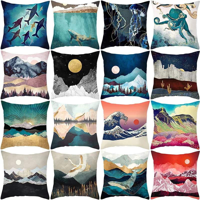 

Nordic Golden Line Geometric Mountain Waves Landscape Cushion Cover Abstract Whale Animal Plant Scenery Pillow Case Home Decor