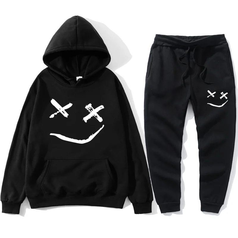 

Tracksuit men Smile hoodies+pants 2019 hip Hop Casual men Print Oversized Sweatshirts Unisex Couple Streetwear joggers tuta uomo