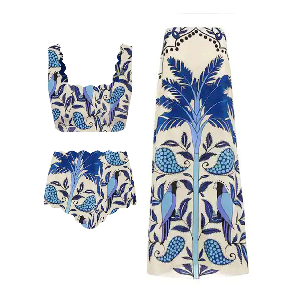 

Blue Leaves Printed Women's Swimsuit & Beach Skirt Sexy Backless Square Collar Bikinis HIgh Waist Thong Bather Bathing Suits