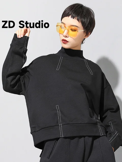 

[ZD Studio] Loose Fit Black Line Split Size Sweatshirt New Turtleneck Long Sleeve Women Size Tide Spring 2023