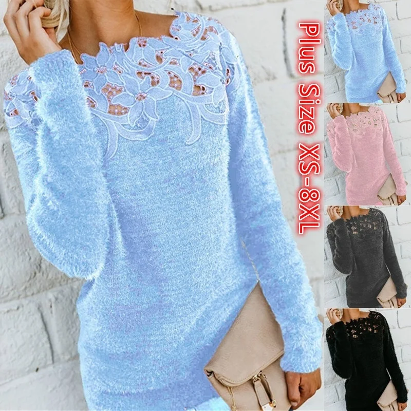 

2023 Large Size Womens Ladies Long Sleeve Lace Floral Print Pullover Long Sleeve Round Neck Hollow Out Sweater Jumpers