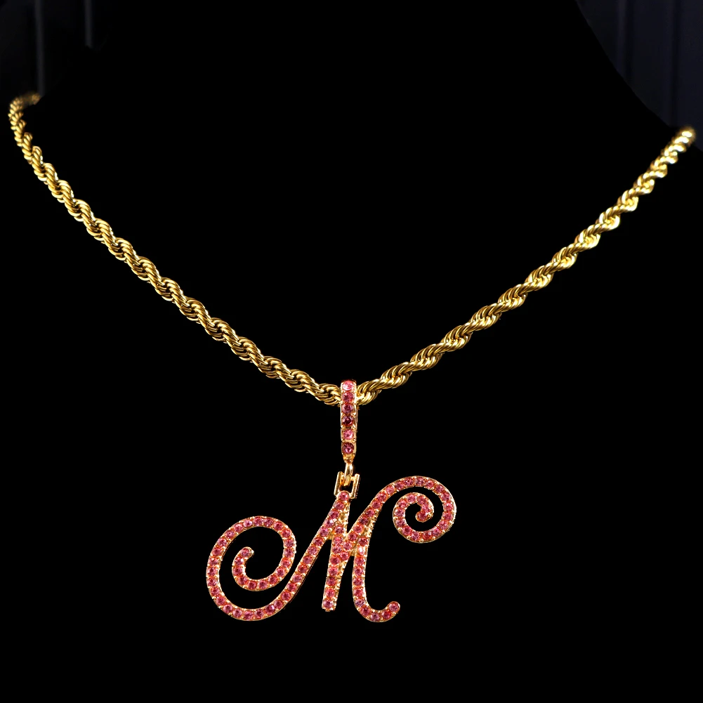 

Hip Hop Stainless Steel Rope Chain Cursive Letters Necklace For Women Pink Crystal Initial Pendant Necklace Men Fashion Jewelry