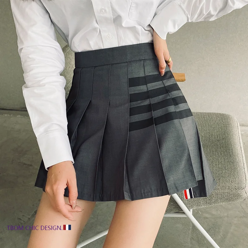 

Suit fabric four-bar high-waisted gray TB pleated short women's spring and autumn original anti-glare A-line skirt