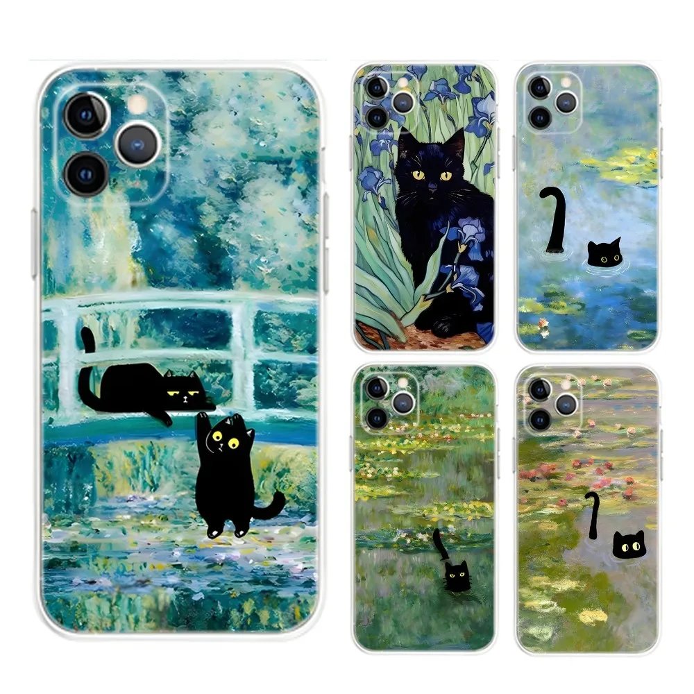 Monet Van Gogh Funny Cat Phone Case For iPhone 16 15 14 13 12 Mini 11 Pro Max Plus X XR XS 8 SE 2020 Transparent Cover