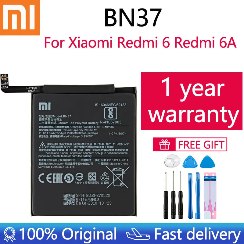 

Оригинальный сменный аккумулятор для Xiaomi Mi Redmi6 Redmi 6 Redmi 6A Redrice 6 BN37 Оригинальный аккумулятор для телефона 3000 мАч + наборы инструментов