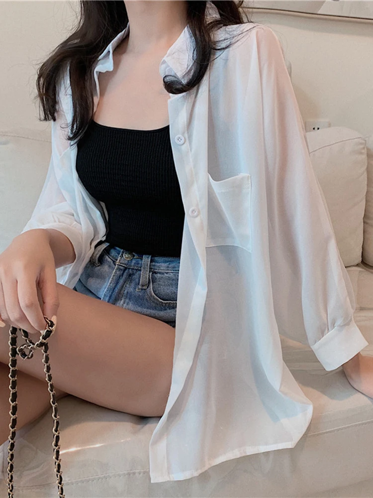 

HELIAR Summer Shirts Women White Thin Transperant Casual Button Up Shirts Blouses For Women 2022 Summer