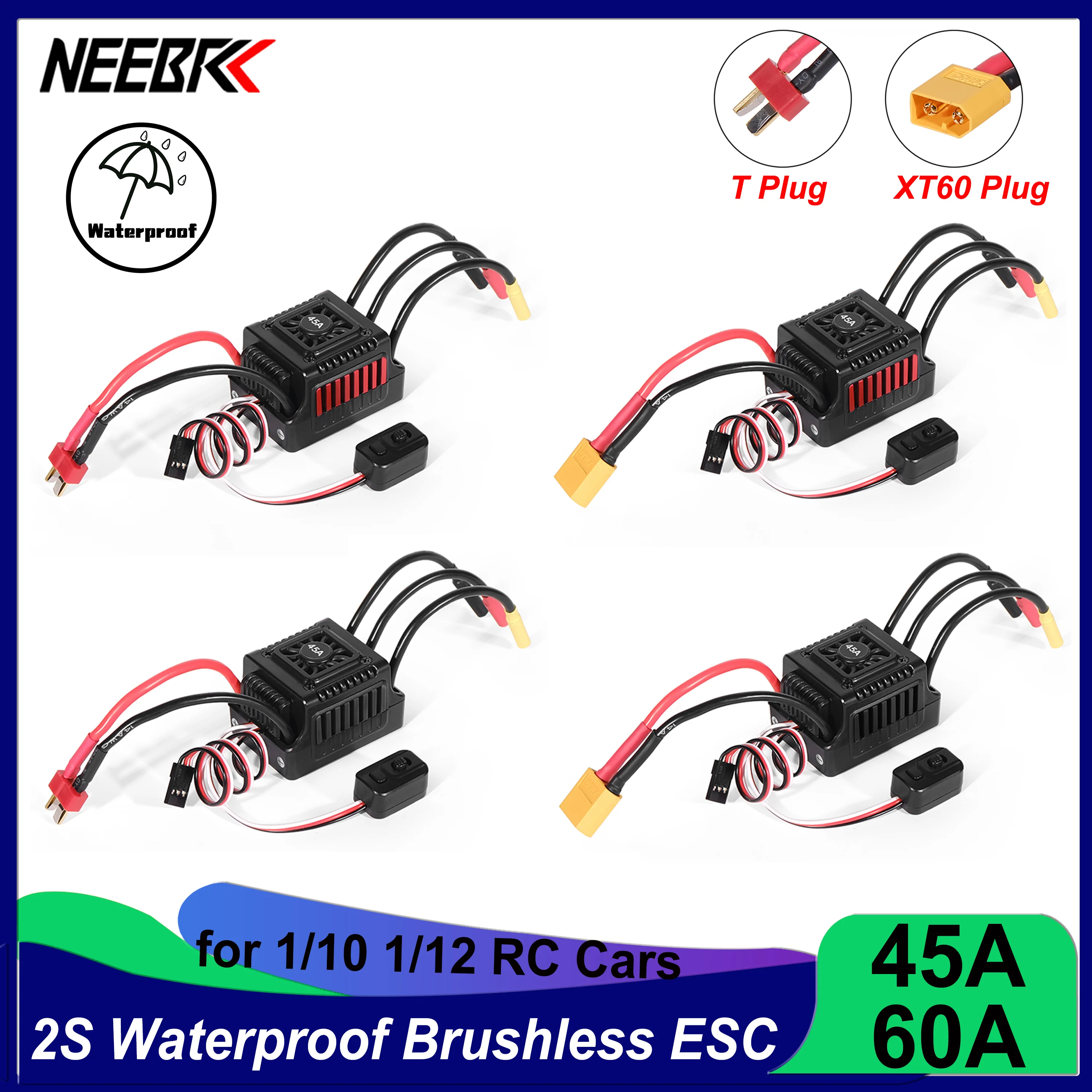 Фото NEEBRC 45A 60A Бесщеточный ESC, водонепроницаемый, пылезащищенный, T/XT60 2-3S для радиоуправляемых машин 1/10, краулеров, монстров, багги, внедорожных и шоссейных моделей Wltoys WPL №2