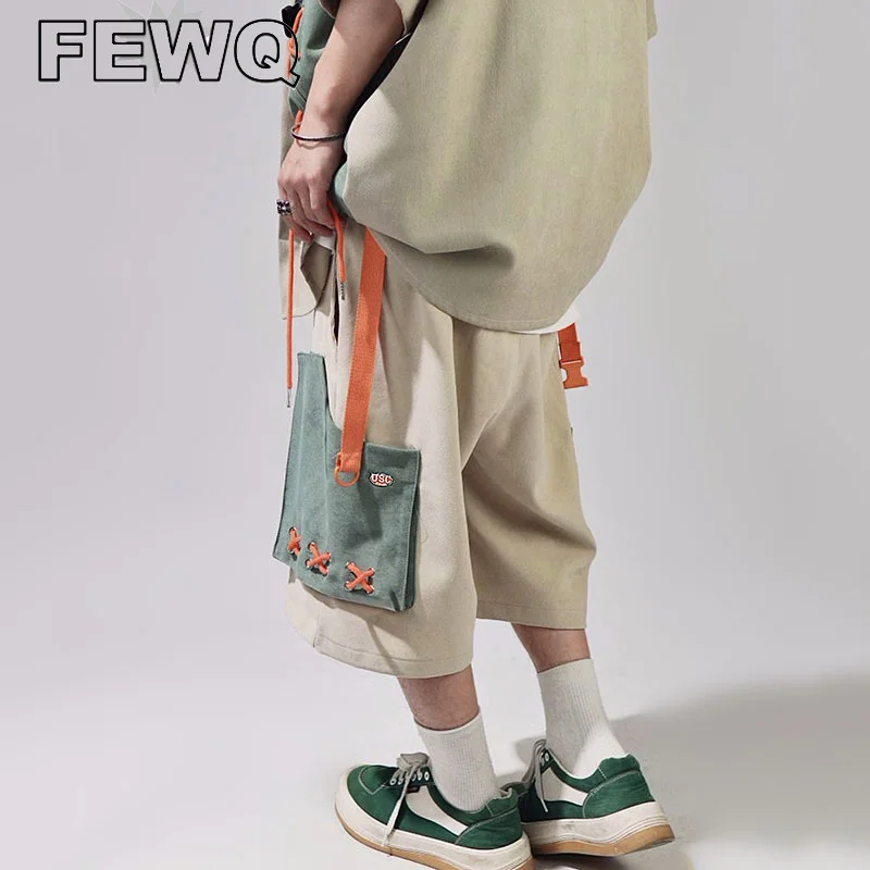 

FEWQ Patchwork Men's Calf-length Cargo Pants Japanese Style Male Overalls Shorts Multi Pocket Lace Up Hip Hop Trendy New 24B2580