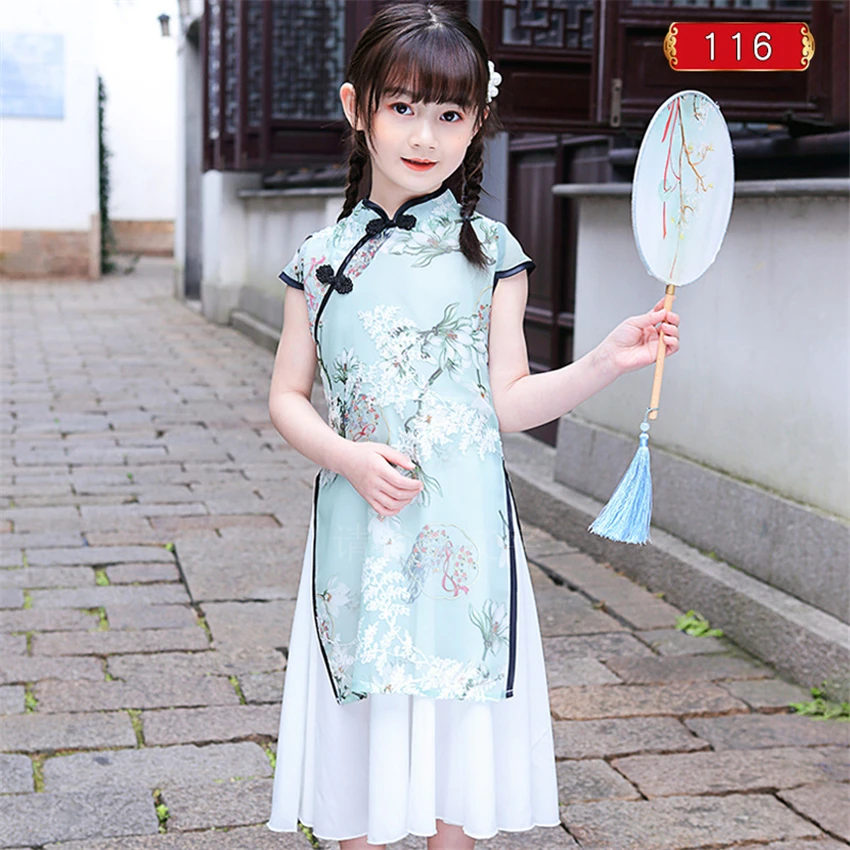 

Gaun Cheongsam Hanfu Tradisional Tiongkok Anak Perempuan Kostum Putri Pernikahan Aodai Anak Qipao Bunga Vestidos Pesta Malam