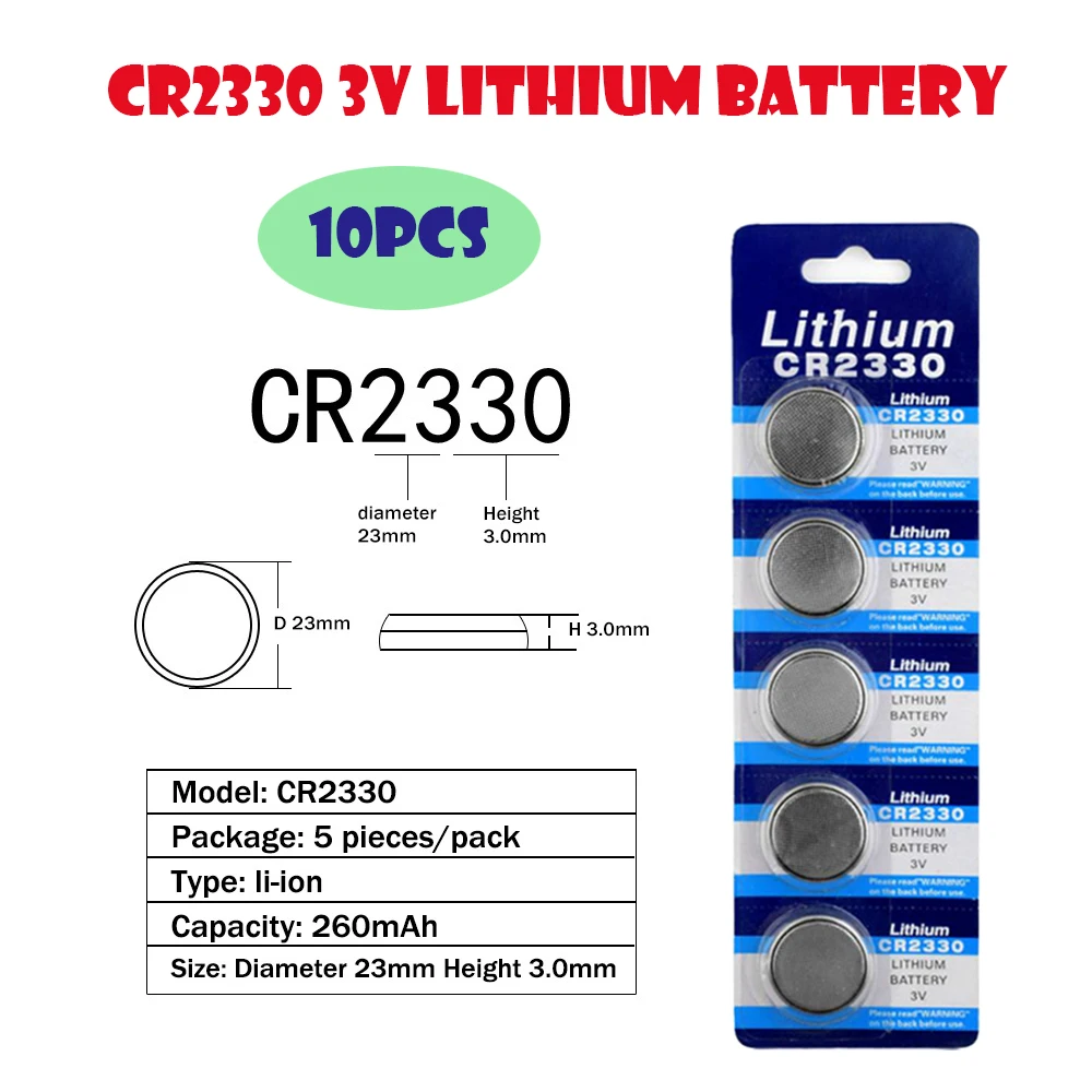 

Hot Sale 10pcs=2Card CR2330 260mAh Lithium 3V Button Battery BR2330 ECR2330 Cell Coin Batteries For Watch Electronic Toy Remote