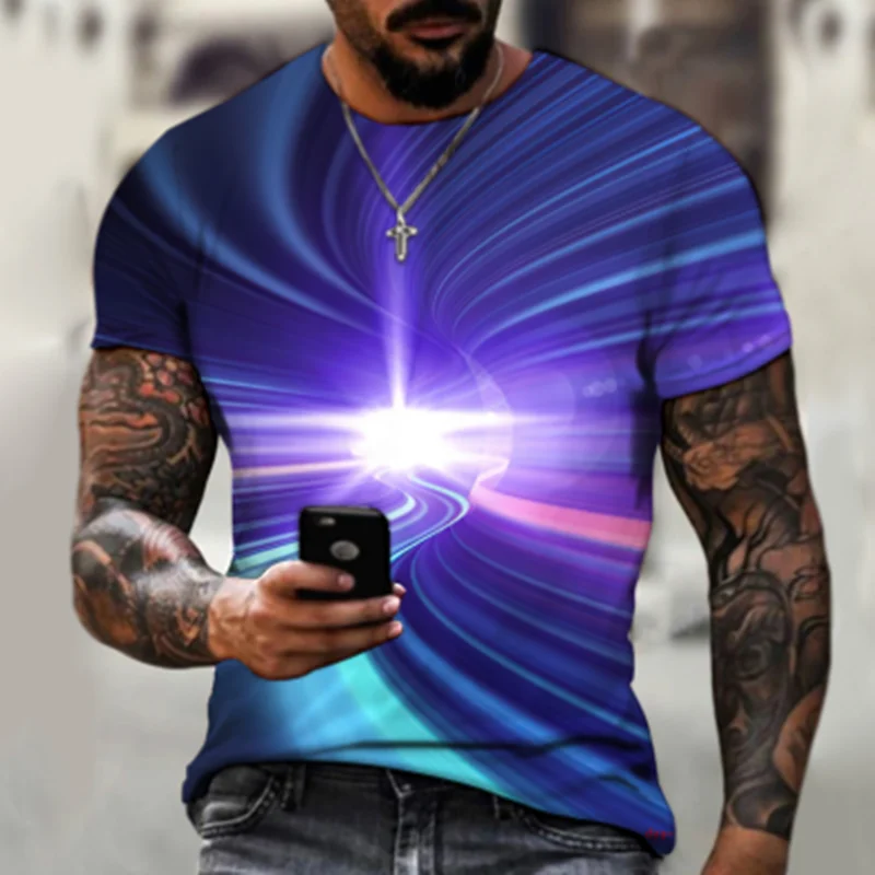 

Personality EuropeAn-American style men's new 3D pattern aurora design casual crewneck short-sleeved cotton T-shirt