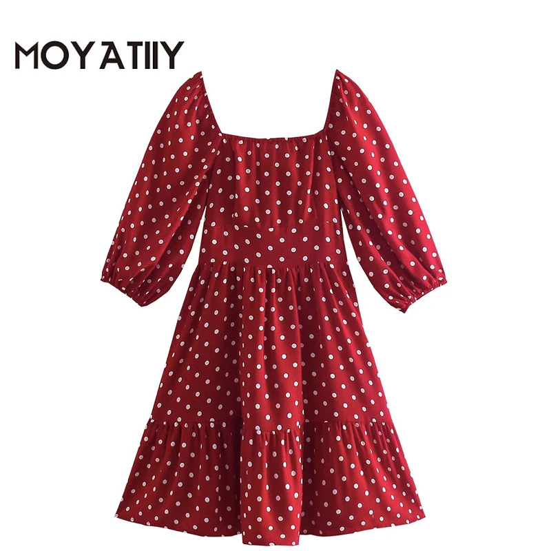 

MOYATIIY Women 2022 Fashion Red Dot Print Mini Dress Sweet Girl Backless Ruffle Dresses with Bow Lace Female Vestidos