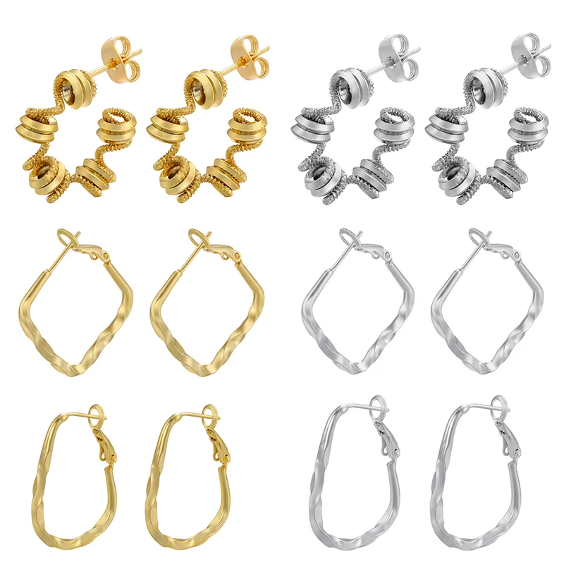 

QMHJE Geometric Spiral Big Hoop Earrings for Women Girl Metal Circle Stud Gold Silver Color Jewelry minimalist Square Round Bead