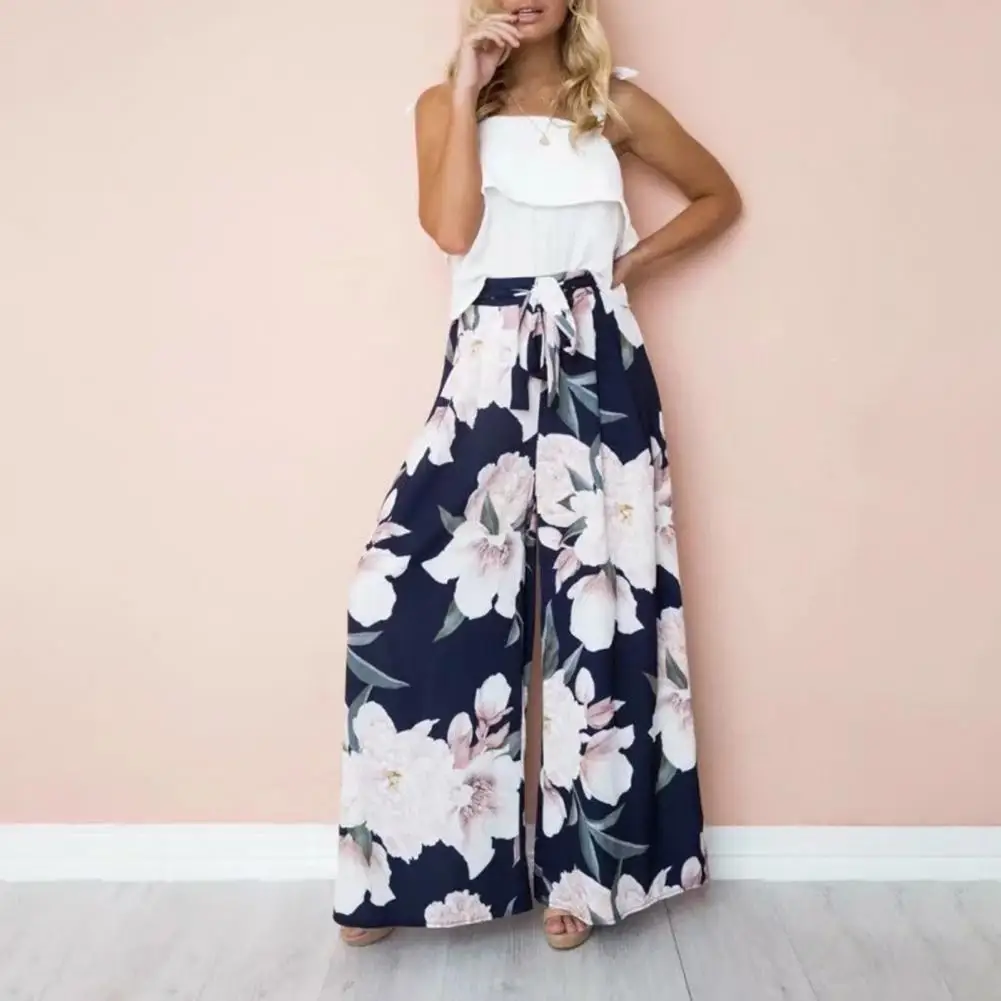 

Casual Womens Loose Pants 2022 Mid-Rise Lace-Up Flower Print Full Length Wide Leg Pants Female Clothing Long Trousers Streetwear