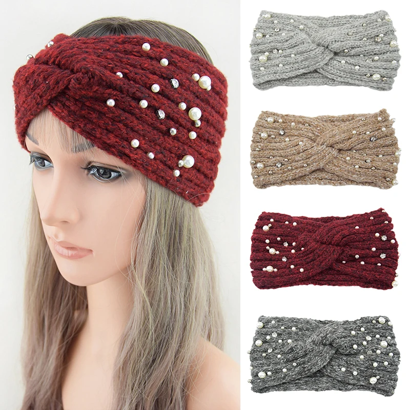 

New Pearl Knitted Cross Headbands for Women Girls Handmade Hair Accessories Autumn Winter Headwear Ear Warmer Elastic Hair Band