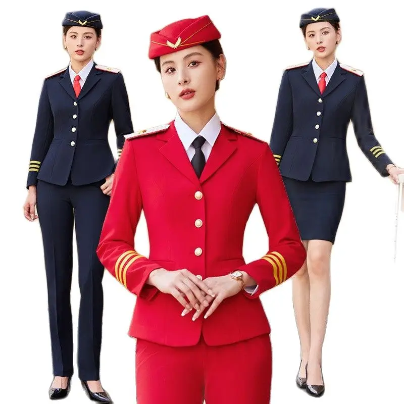 Red stewardess uniform, female, China Eastern Airlines, autumn and winter dress, front desk, sales department, beautician's work