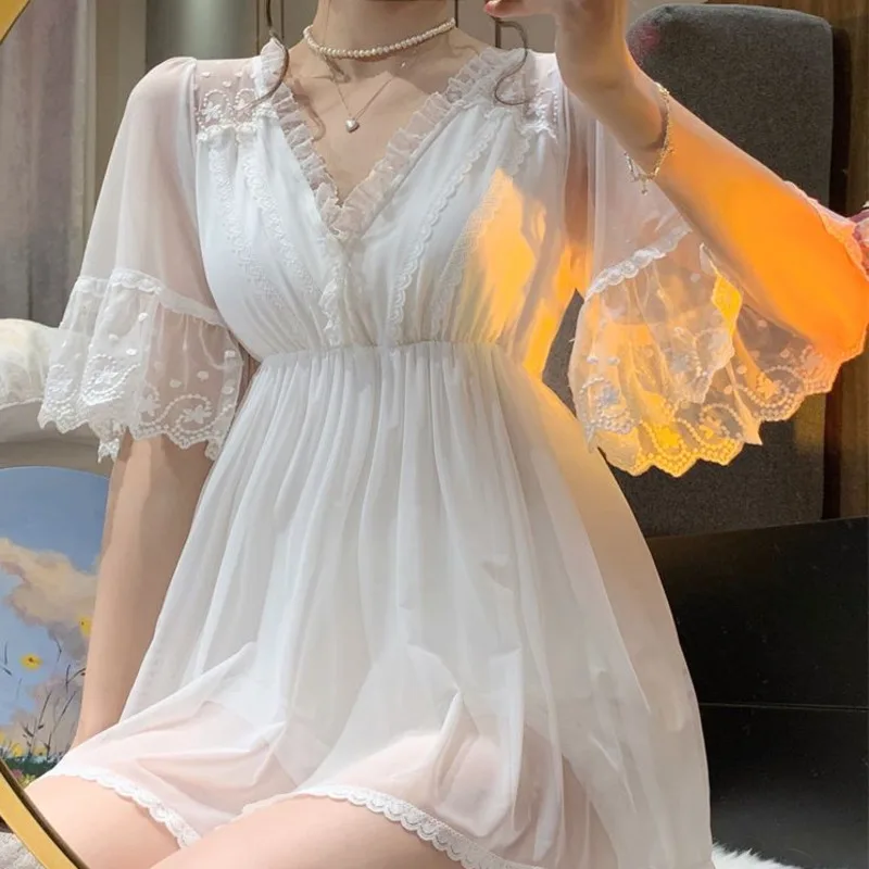 Summer Womens Nightgowns Lace Mesh Princess Robe Short Sleeve Elegant Long Nightdress Morning Sleepdress Pajamas 2PCS Home Suit