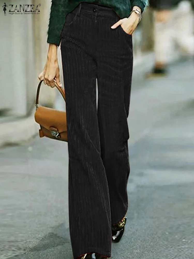 

Женские вельветовые брюки ZANZEA 2023, Модные осенние однотонные широкие брюки с высокой талией, винтажные рабочие повседневные свободные брюки палаццо