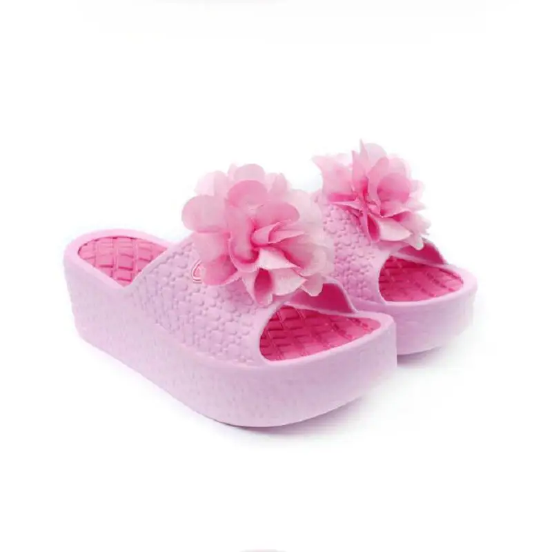 5cm High Heel White Women's Summer New Beach Handmade Flip-flops Muffin Thick Bottom Flower Sandals Increase Wild Women Slippers