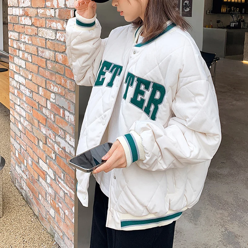 All-Match Women's Fleece Baseball Uniform Loose Fashion Letter Printing Thickened Cotton Padded Clothes Winter Outerwear 2022