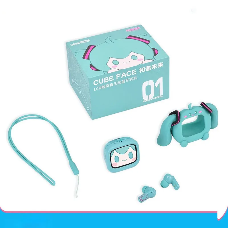 Фото Kawaii Hatsune Miku мультяшные беспроводные Bluetooth-наушники с небольшим сенсорным экраном, мягкий чехол в комплекте, супер милые аксессуары, милый подарок №2