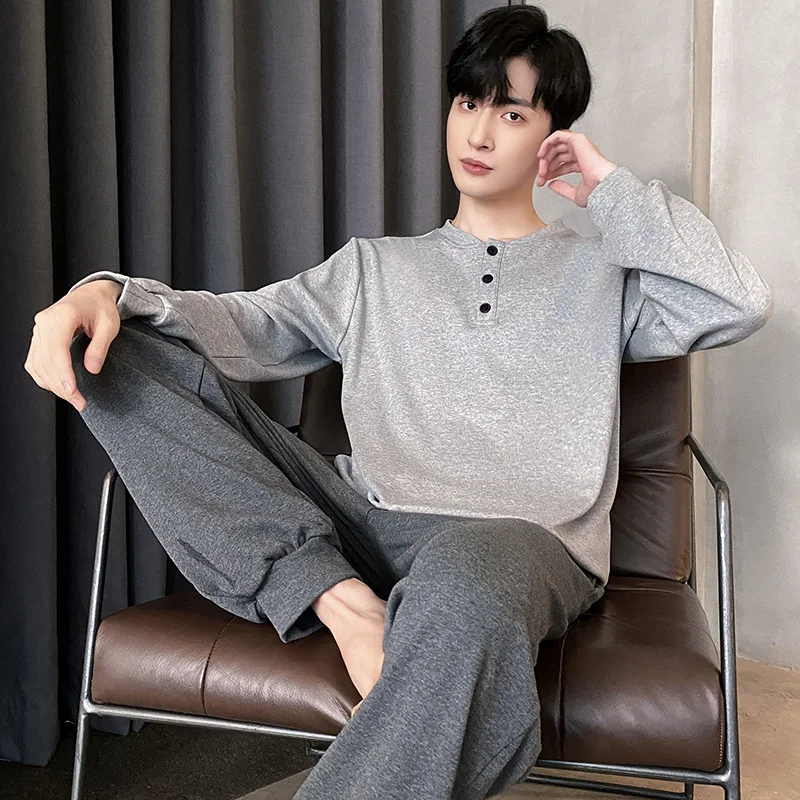 2023 Spring Pajamas Men's Autumn Fat Plus Simple Casual Two Piece Knitted Cotton Pullover Round Neck Printed Cartoon Home Wear