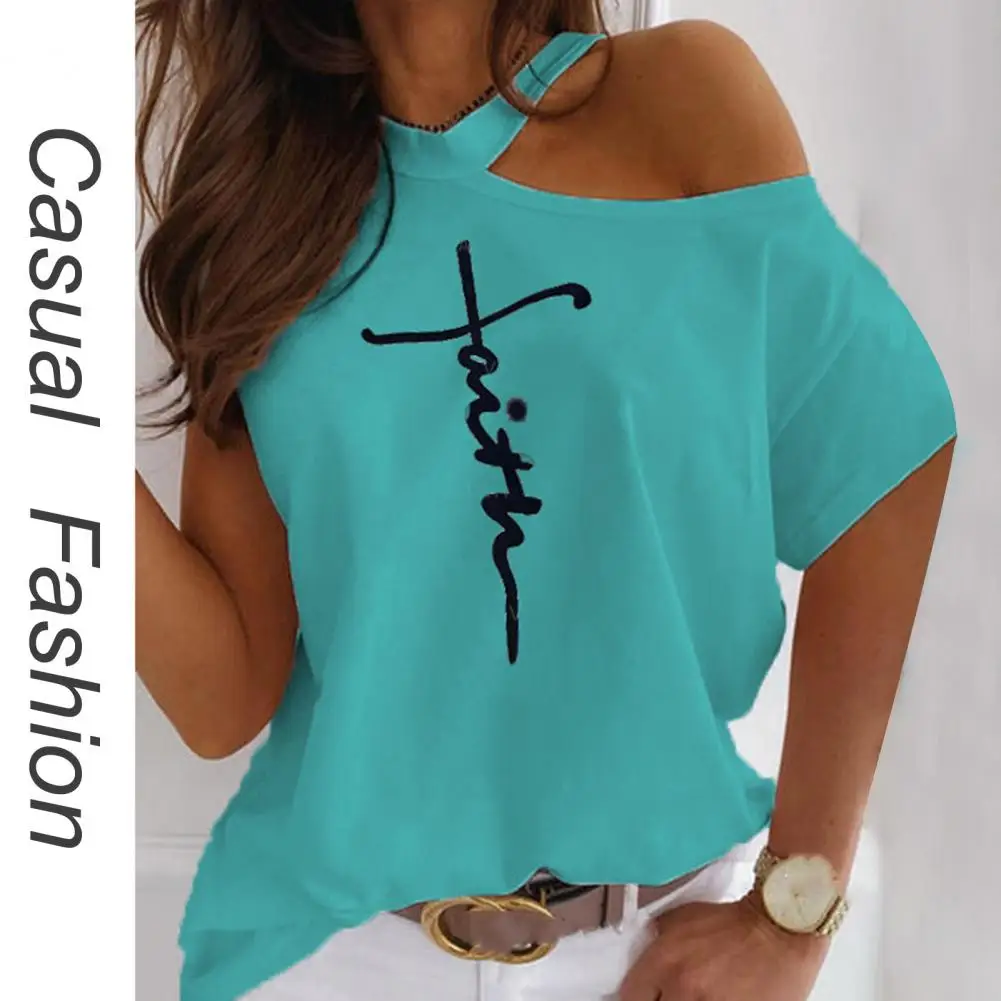 

Футболка женская с принтом, Свободный Топ на одно плечо, с надписью, милый модный пикантный Топ без бретелек, лето