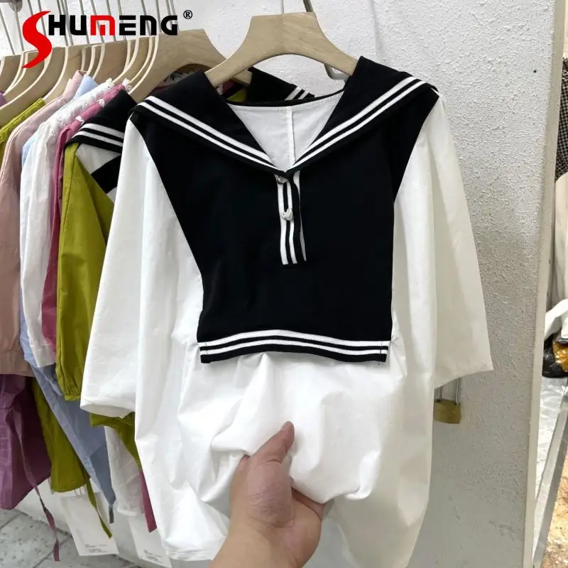 

2022 Summer Female New Simple Patchwork Short Sleeve Shirt Women's Western Style Ins Fashion Sailor Collar Pullover Blouses Top