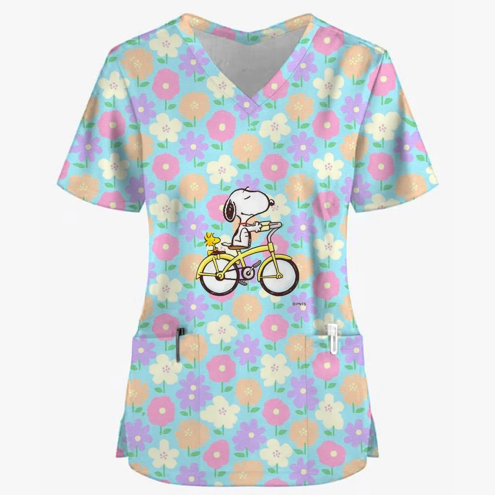 Униформа медсестры Snoopy с мультяшным принтом и V-образным вырезом карманы скрабы