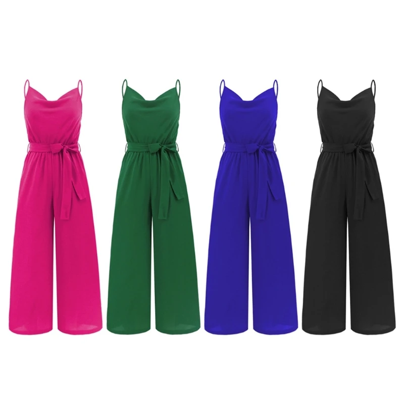 

2023 New Women Casual Spaghetti Strap Jumpsuits Cowl Neck Backless Sleeveless Wide Leg Long Pant Loose Rompers Playsuit with