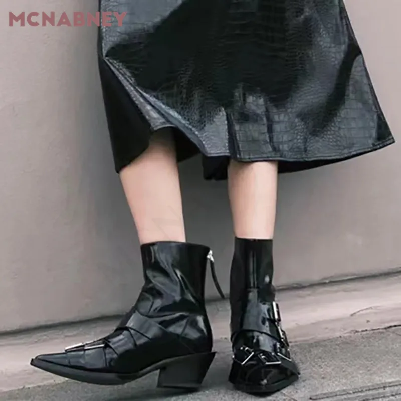 Black Cross Strap Belt Buckle Boots Pointed Toe Chunky Heel Back Zipper Ankle Boots Personality Handsome Casual Fashion Boots