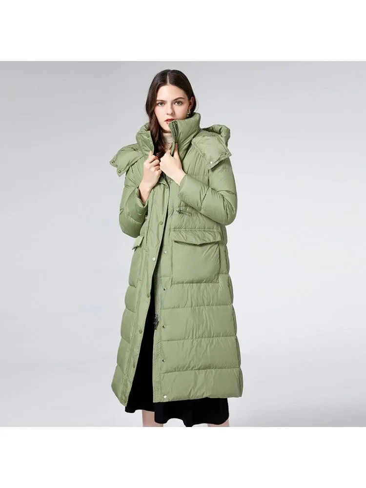 2022 Winter High End Hooded Black Thickened Long Loose 90 White Duck Down Coats Women Warmer Bread Cloth Jackets
