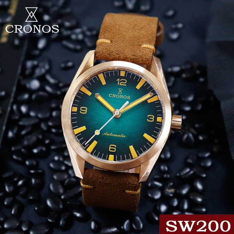 

CRONOS Mens Pilot Watches Bronze Military 42mm Automatic Mechanical Wristwatch Luminous Waterproof Sapphire Leather Strap SW200